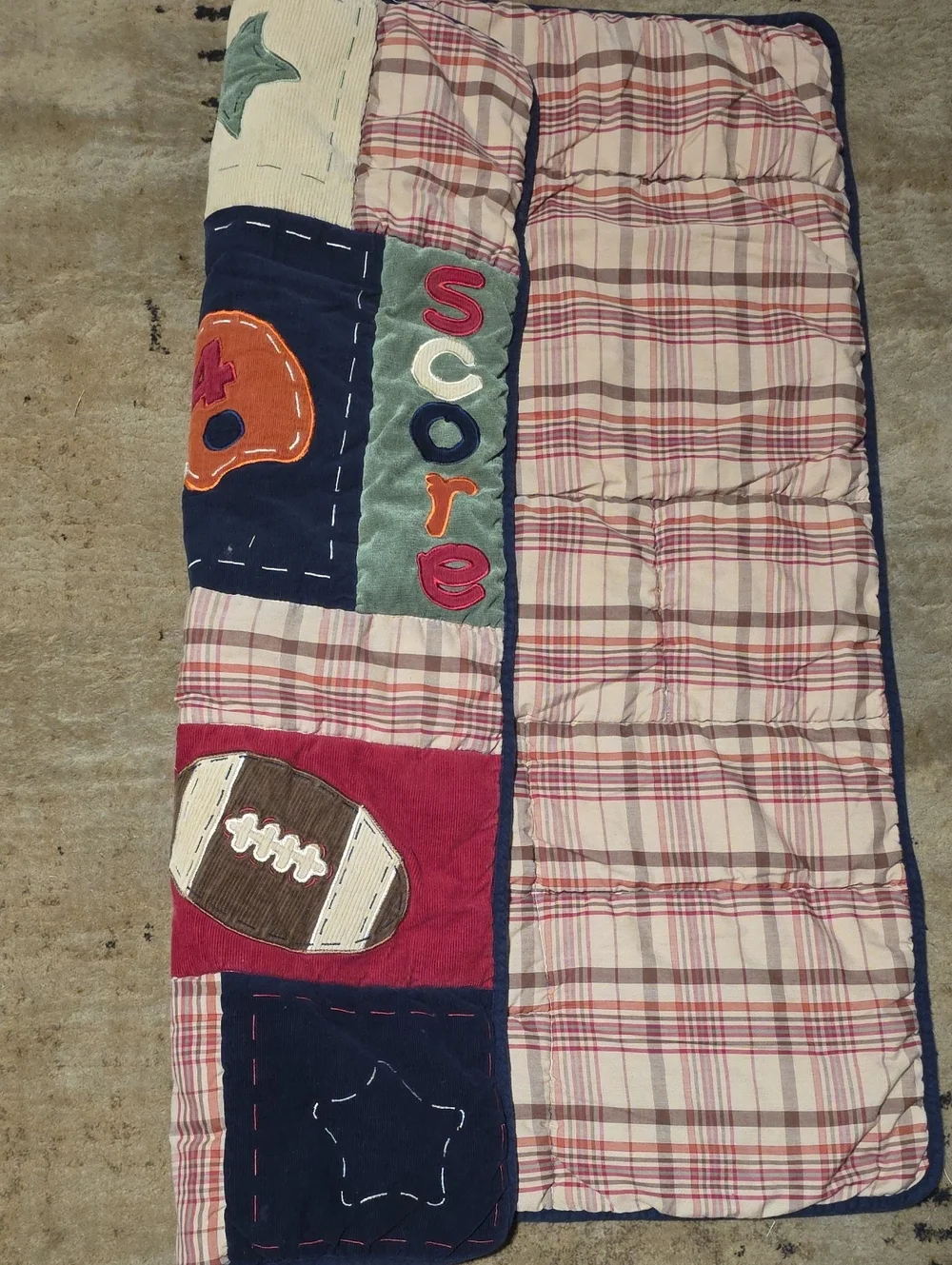 Kids Sports Patchwork Play Quilt - Navy, Red, Orange, Green, Cream.